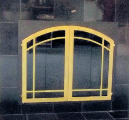 The Hingham Window-pane (Arch top window- pane bar)  Black frame painted brass finish vice bi fold window-pane doors and smoked glass. Comes with slide mesh.  (Installed on marble)